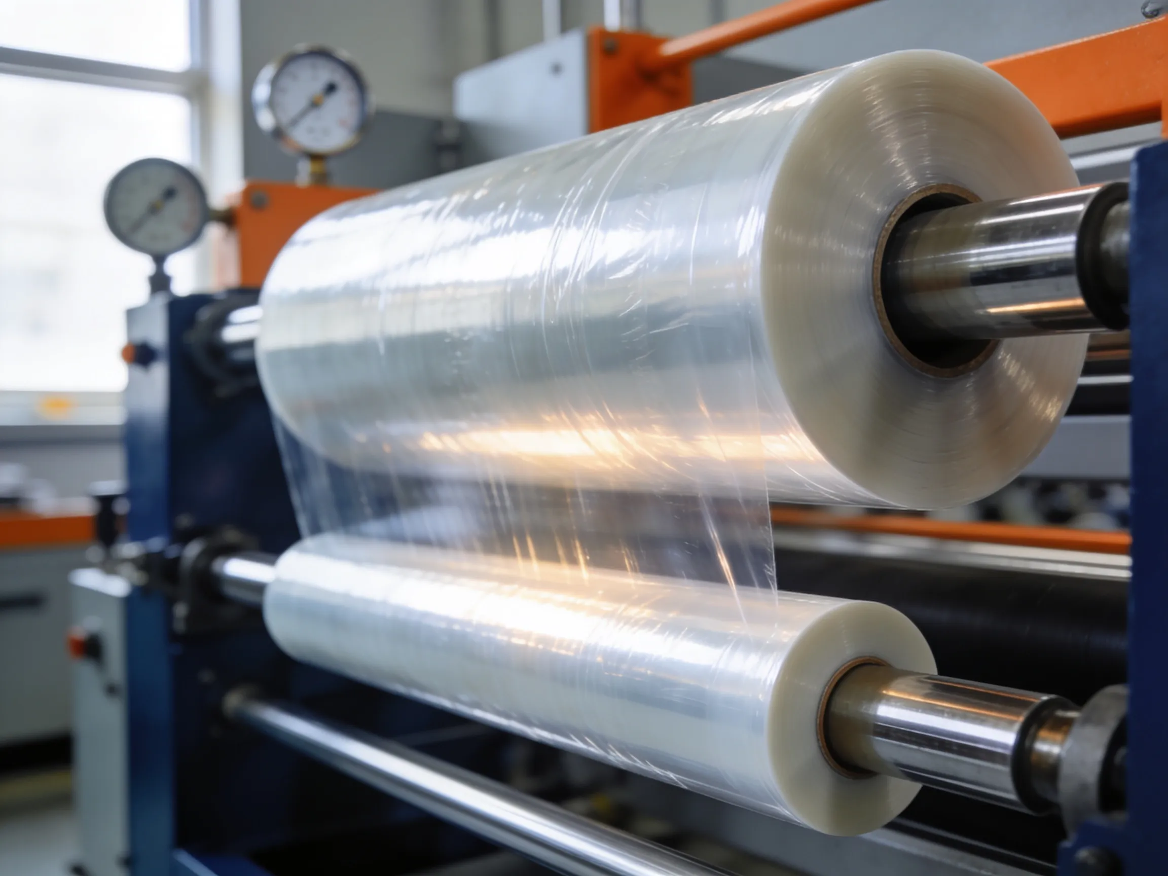Filme stretch sendo produzido em máquina rebobinadeira industrial