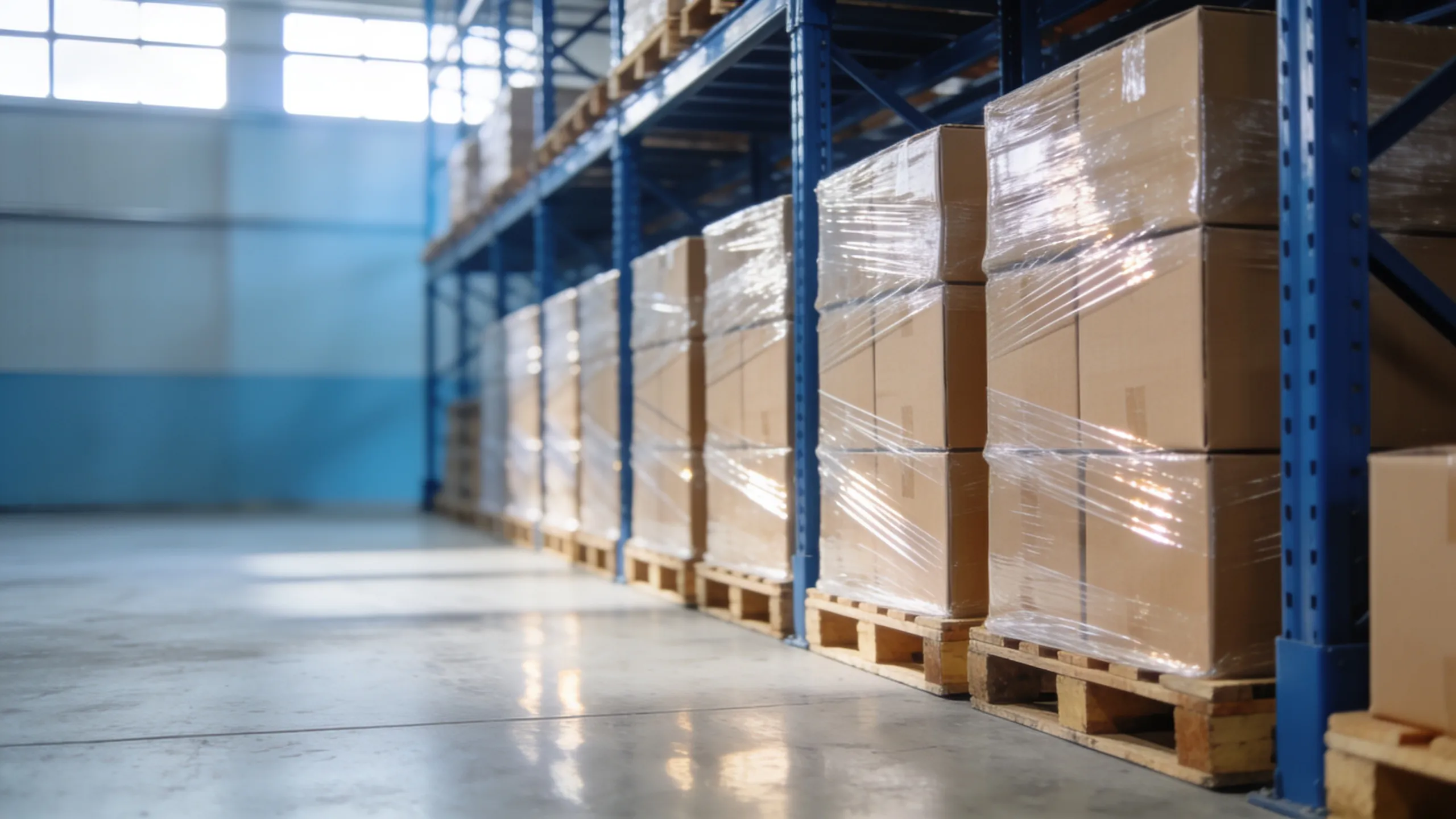 Pallets envolvidos em filme stretch transparente em um armazém