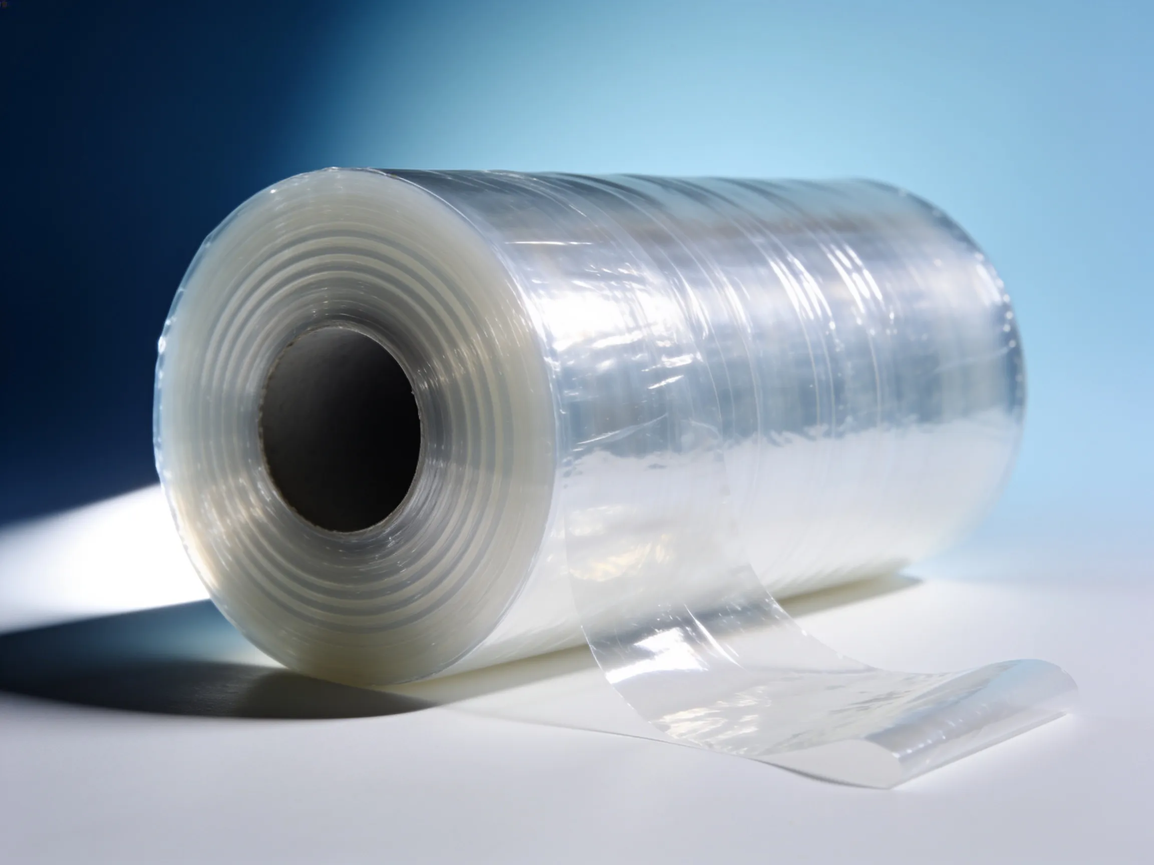 Bobina de filme stretch transparente sem tubete, mostrando o núcleo vazio